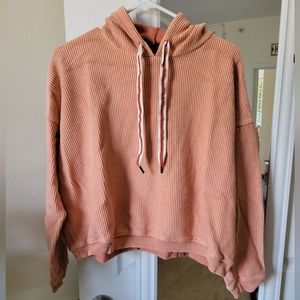 Aerie Cropped Ribbed Hoodie; Peach; Size M